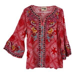 NWT Savanna JaneFloral Embroidered Boho Red Bandana Print Tunic Top Size M